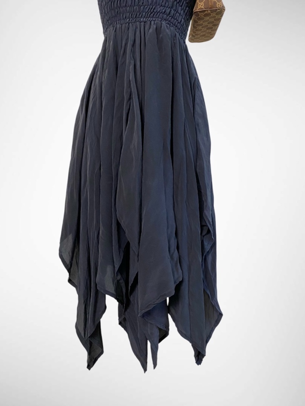 INDIE ELLA 100% Silk Recycled Sari Dress – Midnight Navy Boho Handkerchief Hem - Picture 4 of 7